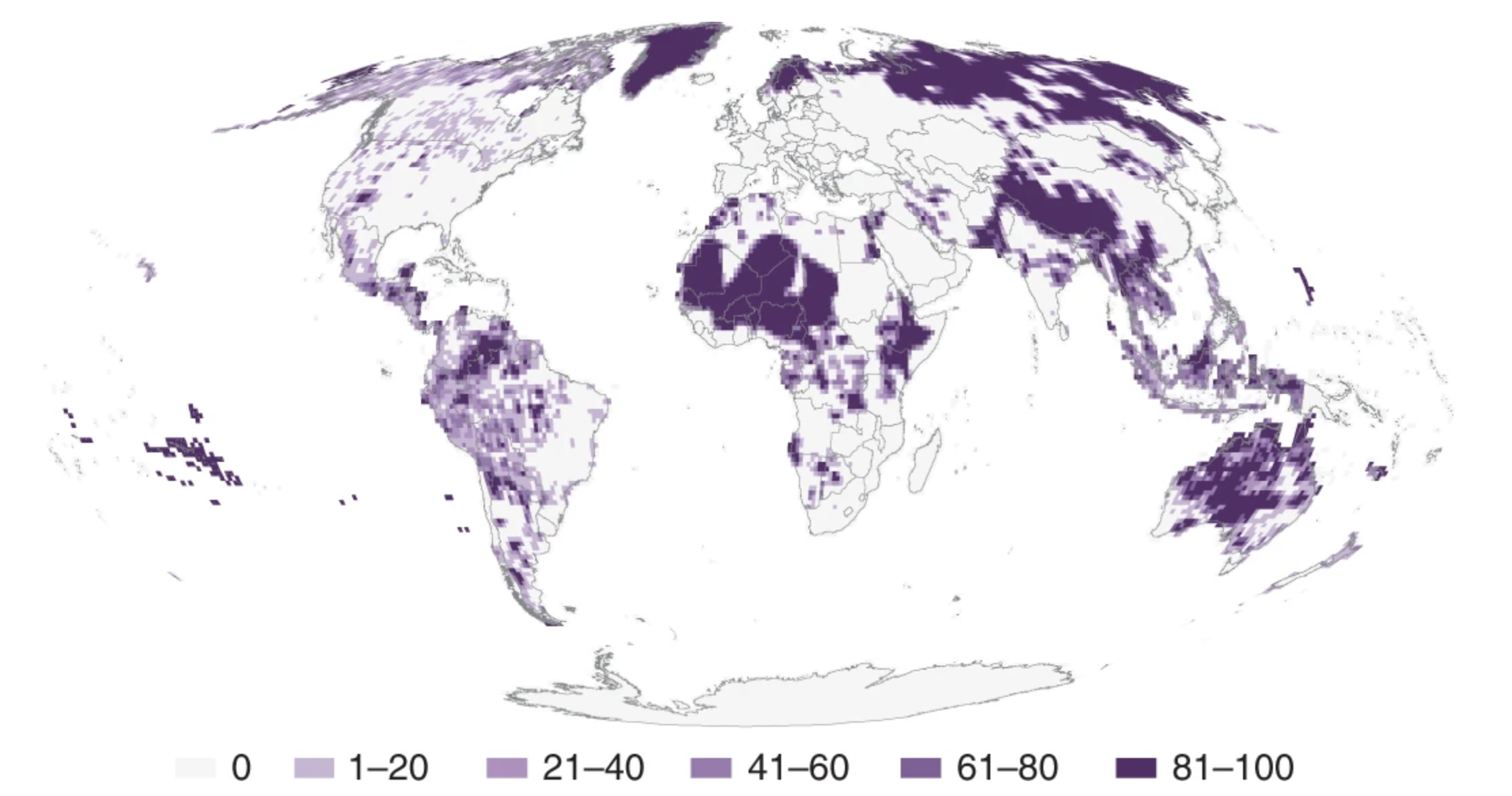 Global map of lands managed or controlled by Indigenous Peoples. Purple shading represents the percentage of each degree square mapped as Indigenous in at least one of 127 source documents. Blank areas do not necessarily indicate an absence of Indigenous Peoples or lands (Figure 1, Garnett et al. 2018).